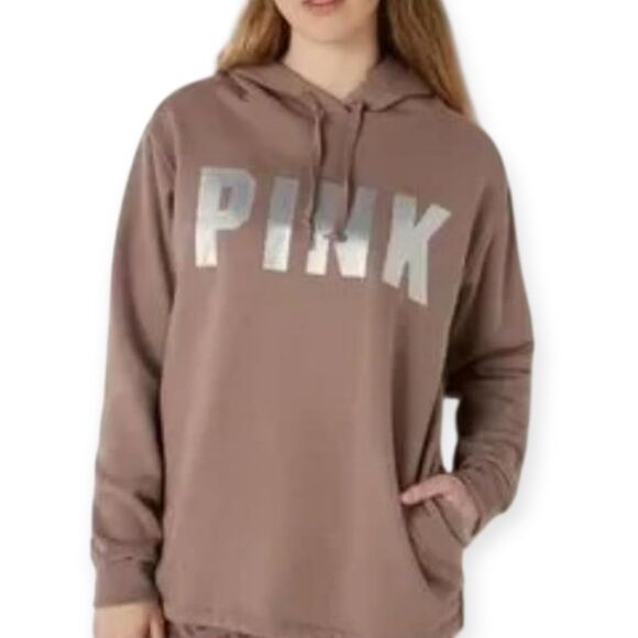 PINK Victoria's Secret Tops - PINK Victoria's Secret Taupe/Mauve Hoodie with Silver Logo Sz M EUC.